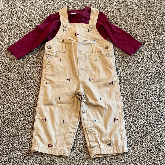 NWOT First Impressions Maroon & Khaki Overalls & Shirt Set Size 12 Months - Picture 1 of 7